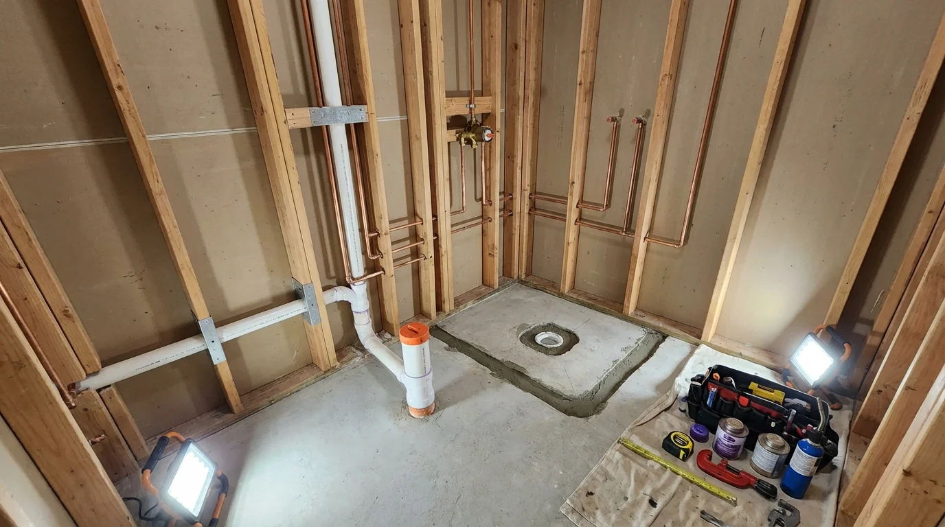 Bathroom rough-in plumbing during remodel by Johns Plumbing LLC in Beckley