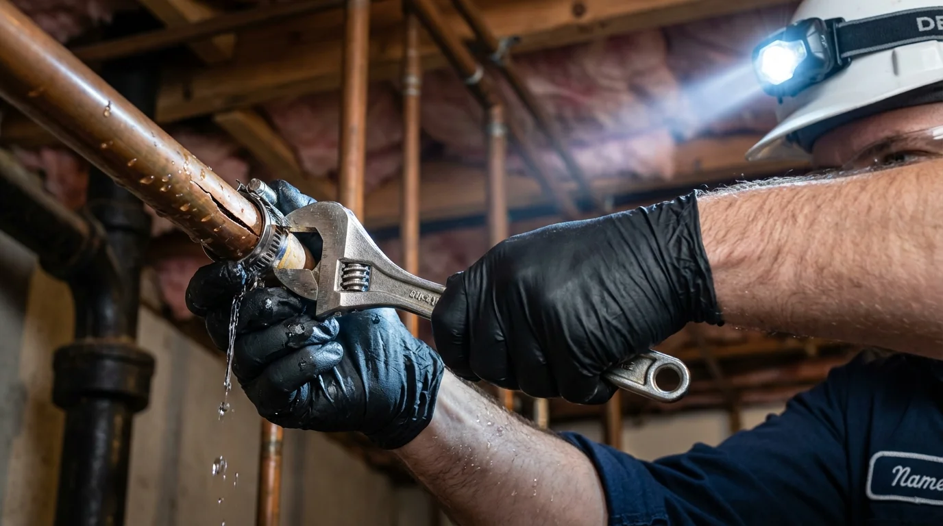 Emergency pipe clamp repair being performed by a Johns Plumbing LLC plumber in Beckley