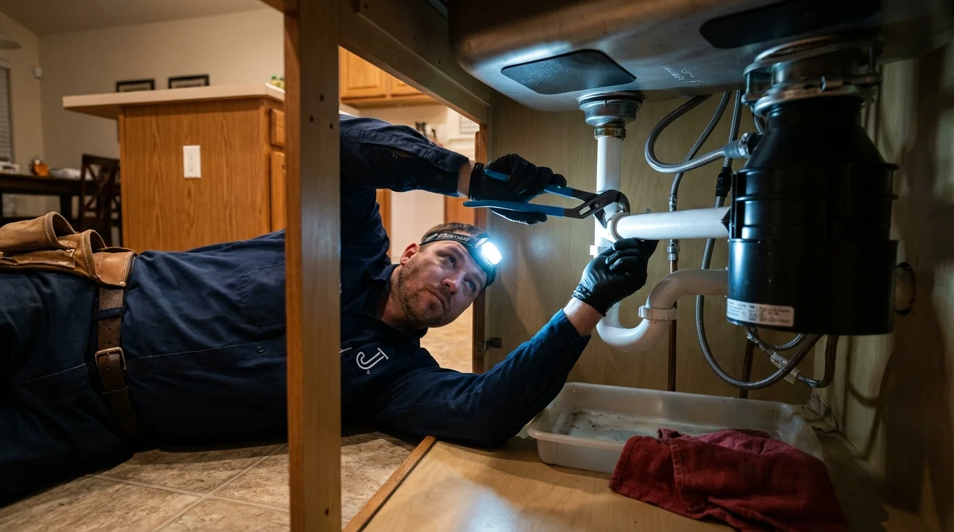 P-trap and supply line connections under a kitchen sink showing a common leak point in Beckley, WV